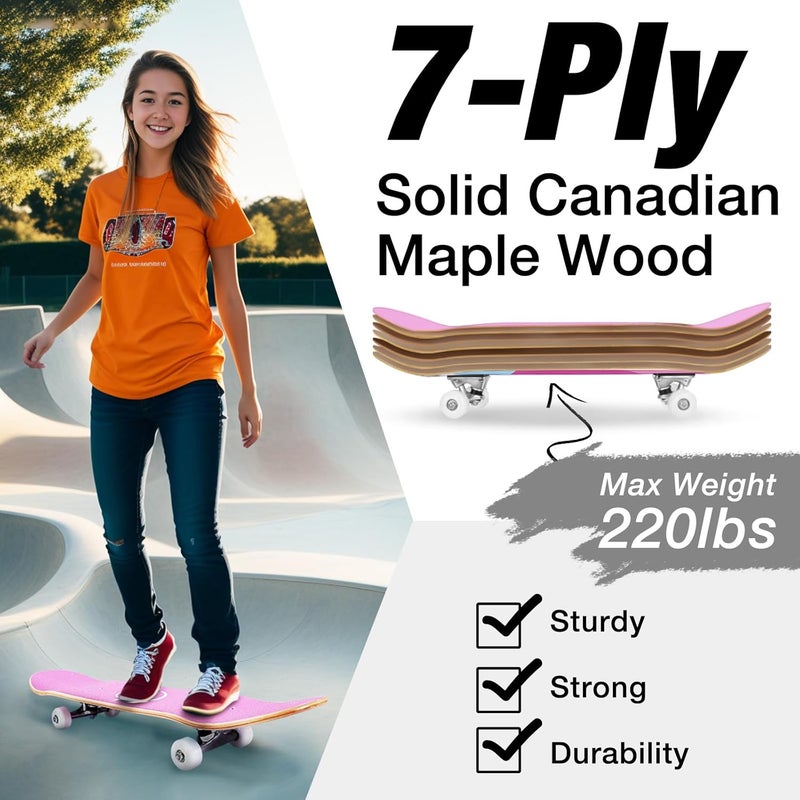 BELEEV Skateboards for Beginners, 31 x 8 inch Complete Skateboard for Kids Teens Adults, 7 Layer Canadian Maple Double Kick Deck Concave Cruiser Trick Skateboard with Multifunction Skate T-Tool - Image 2